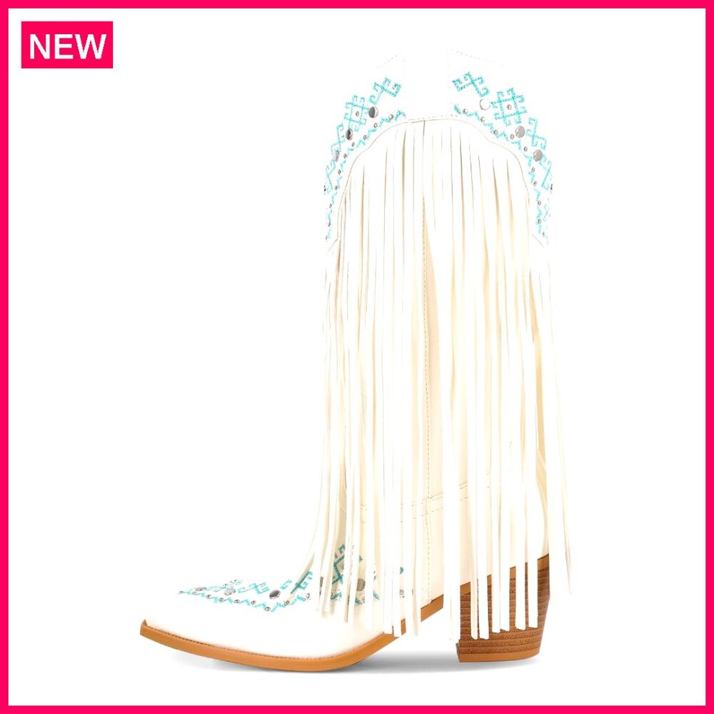 Women's Fringe Cowboy Boots Mid Calf Embroidered Western Pull On Chunky Heel